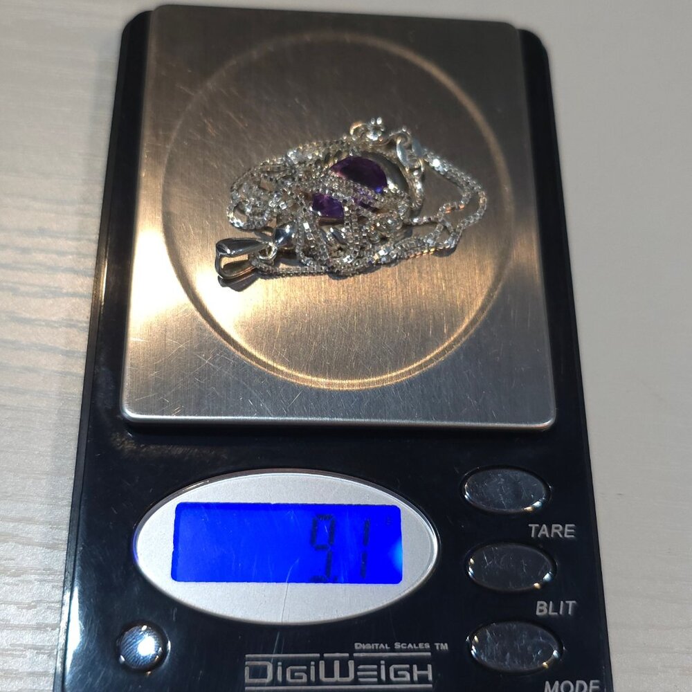 24 Inch 925 Sterling Silver Large Pear Amethyst Gem Pendant Necklace - Picture 8 of 8